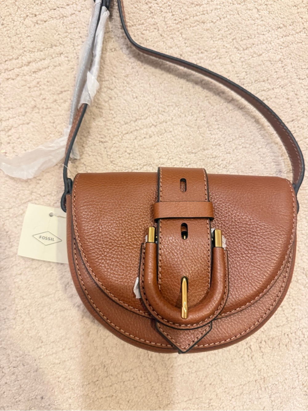 Fossil Tan Pebble Leather Saddle Crossbody with Gold Hardware